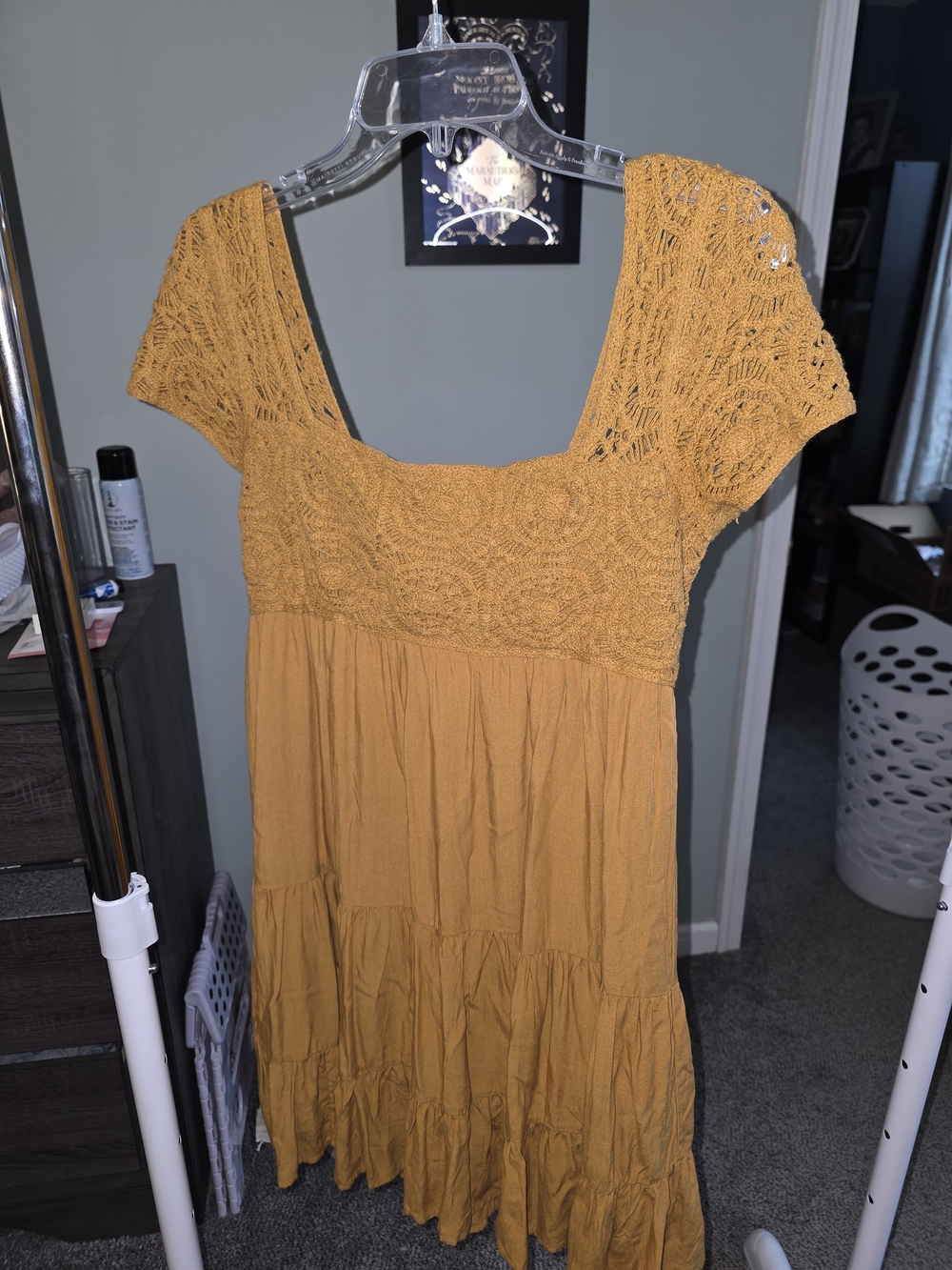 SO Mustard Yellow Crochet Bodice Mini Dress